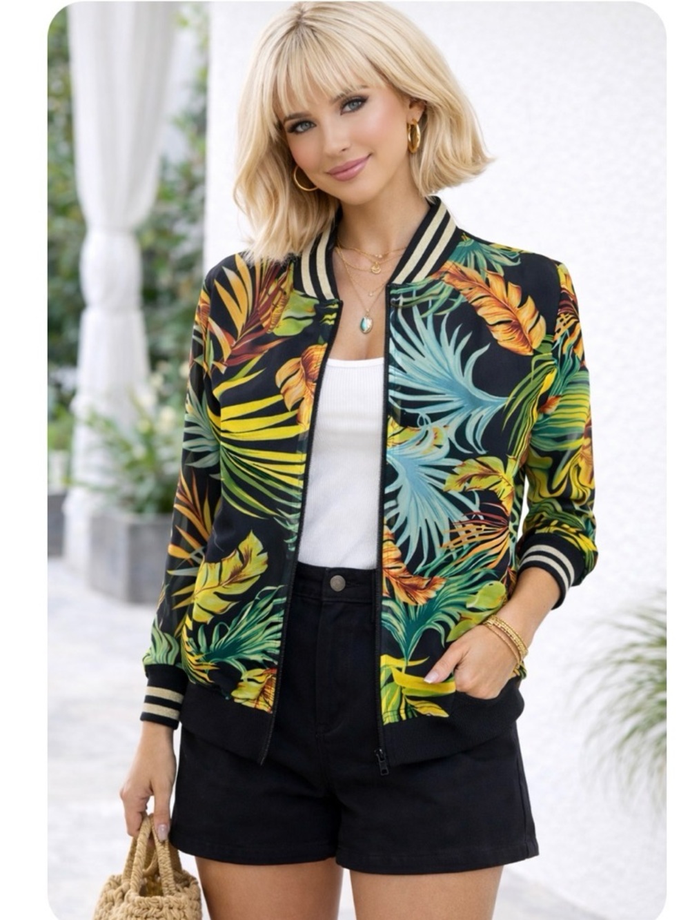 Joseph Ribkoff tropical print bomber style sheer jacket size 12